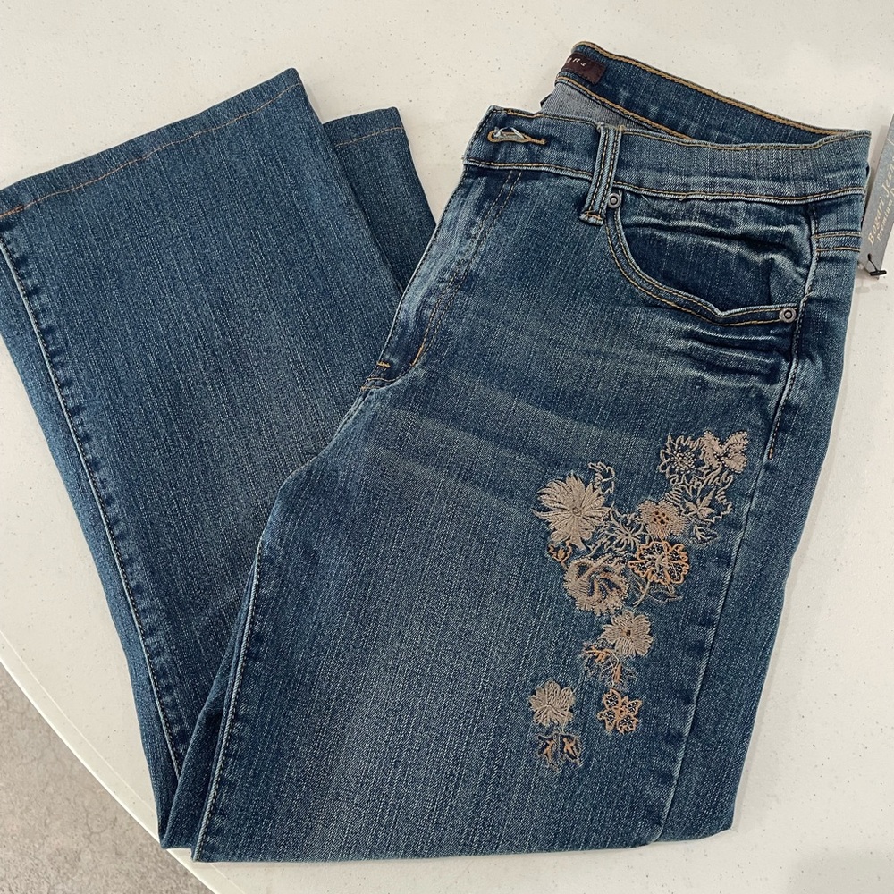 Blue Straight Leg Jeans with Embroidered Details
